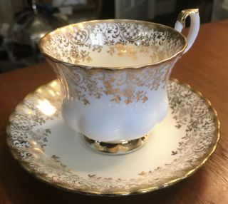 Royal Albert Tea Cup And Saucer Gold Floral Scroll Design Bone China,  England