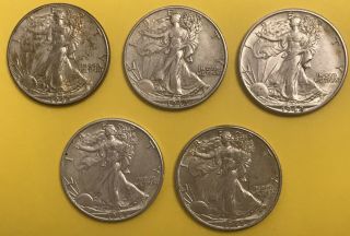 5 Walking Liberty Half Dollars - (2) 1942 And (3) 1942 D