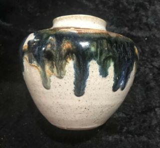 Studio Art Pottery Stoneware Vase Signed Blue Green Drip Glaze Hand Made