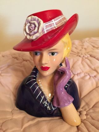 Red Hat Lady Head Vase Planter Bust.  Pearl Necklace,  Society Purple Gloves