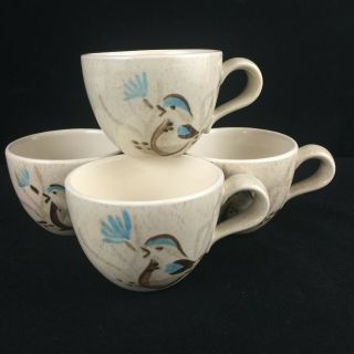 Set Of 4 Vtg Coffee Cups By Red Wing Pottery Bob White Birds Turquoise Brown Usa