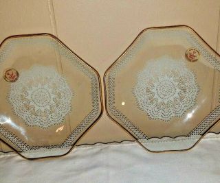 Plates Octagon 6 " Clear Glass Crystal White Lace Design Made In Germany 1970s