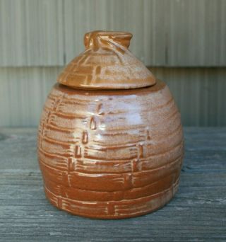 Vintage Frankoma Art Pottery Honey Pot Bumble Bee Hive Lidded Jar Brown Gold 803