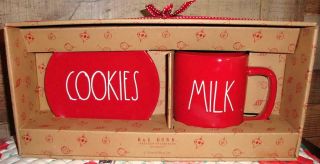 Nib Rare Ll Milk & Cookies Tray Plate & Mug Rae Dunn Gift Boxed Set Magenta