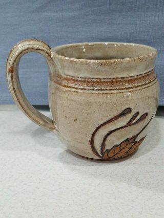 Hand Made Redware Pottery Coffee Cup Mug White Glaze Leaf Design Signed