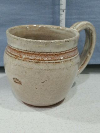 Hand Made Redware Pottery Coffee Cup Mug White Glaze Leaf Design Signed 2