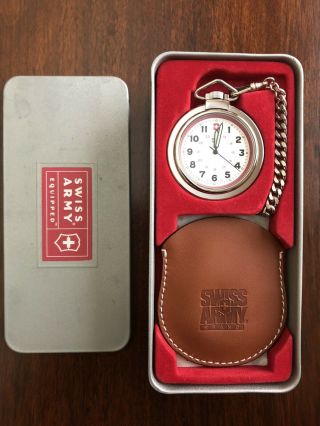 Vintage 1998 Swiss Army Equipped Pocket Watch W/leather Case & Chain