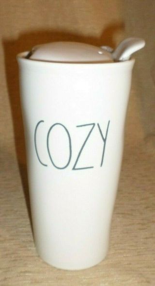 Rae Dunn White Ceramic Lidded Tumbler W Lid " Cozy " Tall Coffee Cup Tea Mug