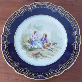 Artist Signed Cobalt Blue Plate Hand Painted Courting Couple Gold Trim France