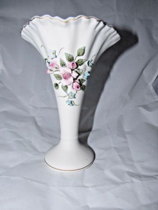 Vintage Lefton Japan Hand Painted White Rose Floral Applique Ceramic Flower Vase