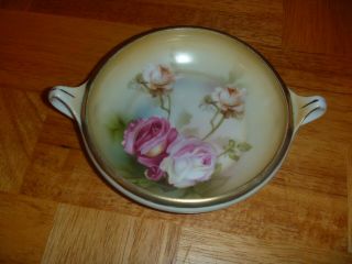 Vintage Rs Germany Candy Dish W/ Handles White & Pink Roses Gold Trim