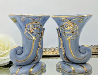 Vases Horn Of Plenty Cornucopia Vintage Vases 22 K Gold & Blue Flower Pair