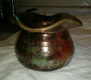 Signed Raku Studio Art Pottery Pot Vase Copper & Green Metallic Luster Signed At