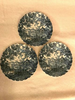 The Hunter By Myott Hand Engraved Bread Butter Plate 6 3/4 " Set Of 3 Blue Print