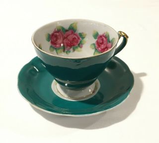 Vintage English Crown China Teacup & Saucer,  Green & White W/ Roses,  Gold Trim