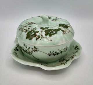 Vtg Ceramic Hand Painted Floral Celadon Green Condiment Dish Attached Underplate