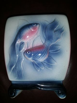 Vintage Royal Copley Pottery Ivory,  Blue,  Pink Glaze Asian Koi Fish Mid Century