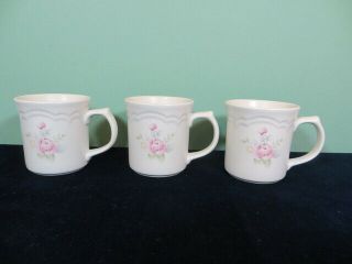 Set Of 3 Pfaltzgraff Tea Rose 3 3/4 " Tall Coffee Tea Mugs 12 Oz Pink Blue Usa