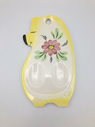 Lefton China Pig Spoon Rest Tea Bag Holder Double Wall Plaque Yellow Pink Flower