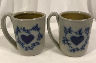 Unmarked Set Of 2 Pottery Cup Mugs Salt Glaze Blue Hearts 1 Handle Repair