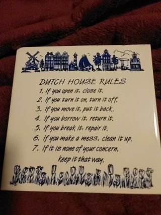 Delft Blue Handpainted Vintage Ceramic Tile Dutch House Rules