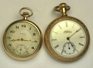Two 7 Jewel Pocket Watches,  Illinois Private Label & Swiss,  Gold - Filled,  Running