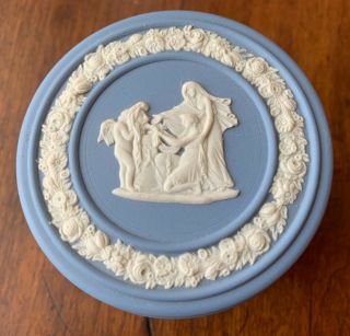 Vintage Wedgwood Jasperware Blue Round Trinket Box Pegasus,  Muses & Cherubs