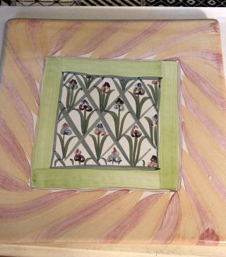 Mackenzie Childs Pottery Bearded Iris Pattern Tile Trivet 8”