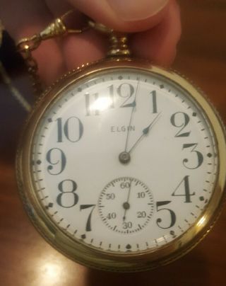 1898 Elgin Pocket Watch Gold Plated Case 15 - Jewels With 14 " Gold Plated Chain