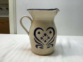 Vintage 3 Rivers Pottery Flow Blue / Blue Onion Large Pitcher With Hearts - 1989