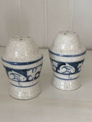Dedham Pottery,  Potting Shed Blue White Bunny Round Salt Pepper Shaker Set 1986