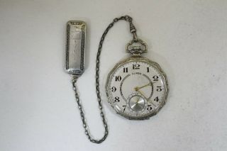 Vintage Open Face Pocket Watch 14k Gf Illinois Watch Co.  17j With Chain