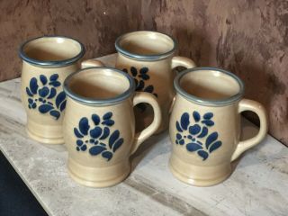 4 Vintage Pfaltzgraff Folk Art Coffee Cups / Mugs Tan With Blue Accents