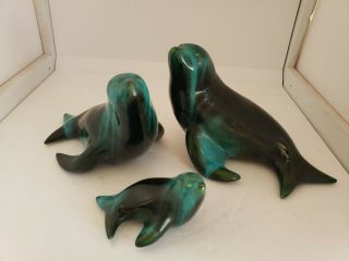 Vintage Blue Mountain Pottery Teal/black Glaze Seal Family Figurines