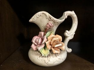 Capodimonte 9 " Tall Flowered Pitcher (italy) Collectible