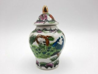 Vintage Chinese Hand Painted Miniature Urn Ginger Jar With Lid Peacocks