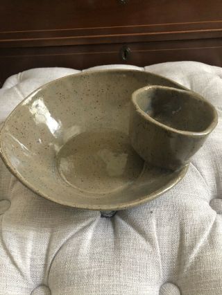 Handmade Vintage Tan Brown Speckled Stoneware Pottery Chip And Dip Bowl Set