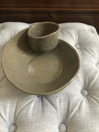 Handmade Vintage Tan Brown Speckled Stoneware Pottery Chip and Dip Bowl Set 2