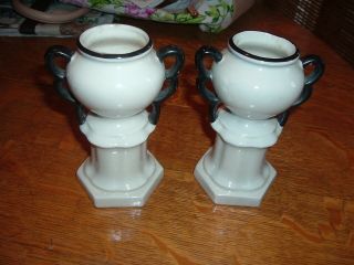 Pair 1920s Arts & Crafts Czechoslovakia Pottery Urn Lusterware Vases Signed