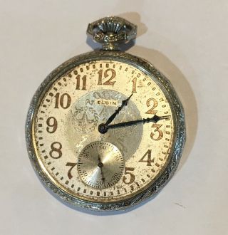 Art Deco Elgin 12s 15j 14k Ornate White Gold Filled Open Face Pocket Watch