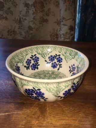 Polish Poland Pottery Boleslawiecka Blue Flowers Green Soup Cereal Bowl Ec