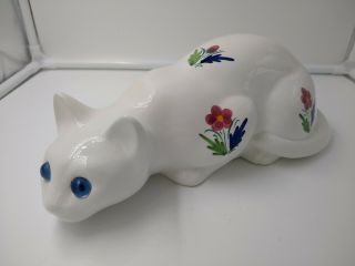Elpa Vintage Ceramic Cat White With Hand Painted Flowers Alcobaca Portugal