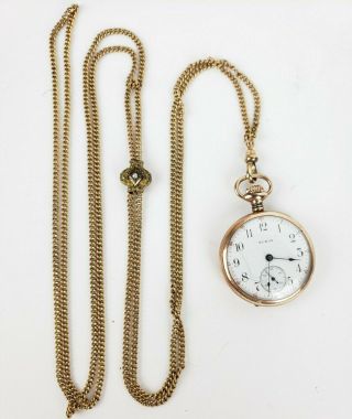 Antique Elgin Ladies Open Pocket Watch With Sliding Gold Filled Necklace Fob