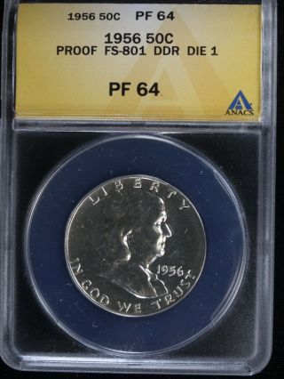1956 50c Type 2 (proof) Franklin Half Dollar 1 Anacs Pf64 Fs - 801