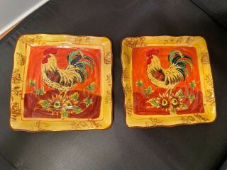 2 Maxcera Orange Rooster Square Salad Luncheon Plate Country French