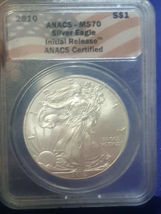 2010 $1 American Silver Eagle Anacs Ms70 Flag Label Initial Release