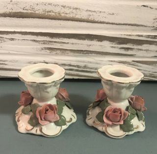 2 Dresden Porcelain Taper Candle Holders: Applied Pink Roses,  Gold Trim