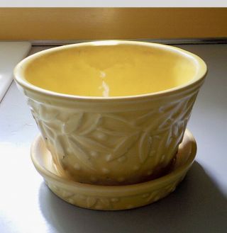 Vintage Mccoy Pottery Yellow Flower Pot W/attached Saucer
