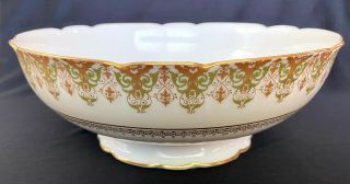Charles Ahrenfeldt Limoges Serving Bowl,  10 " X 3.  5 ",  Gold And Green Pattern