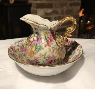 Arnart Royal Chintz Floral Flower Creamer Small Pitcher And Bowl 5th Ave 2179